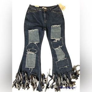 NEW Patchwork Denim Jeans with Fringe bottom - SIZE LARGE
